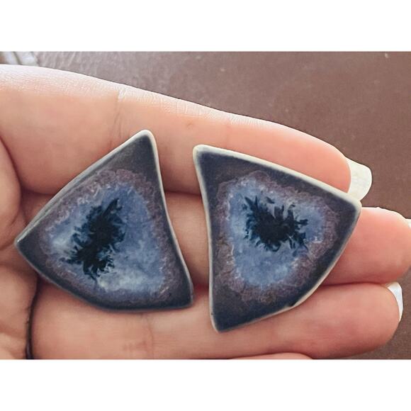 Karla Jordan Triangle Handcrafted Pierced Earrings Purple Ceramic Porcelain Blue - Picture 13 of 13